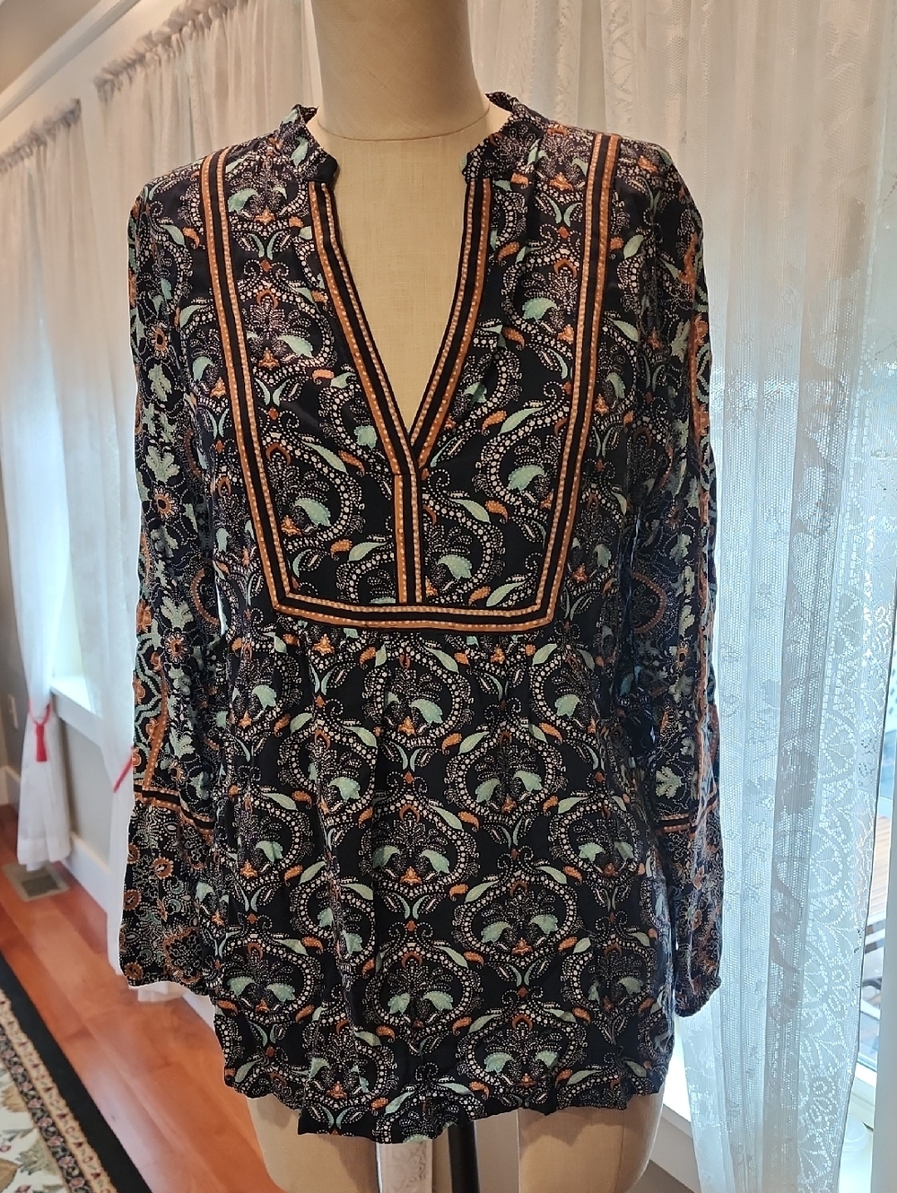 Navy Floral-Paisley V-Neck Tunic with Mint & Orange Accents